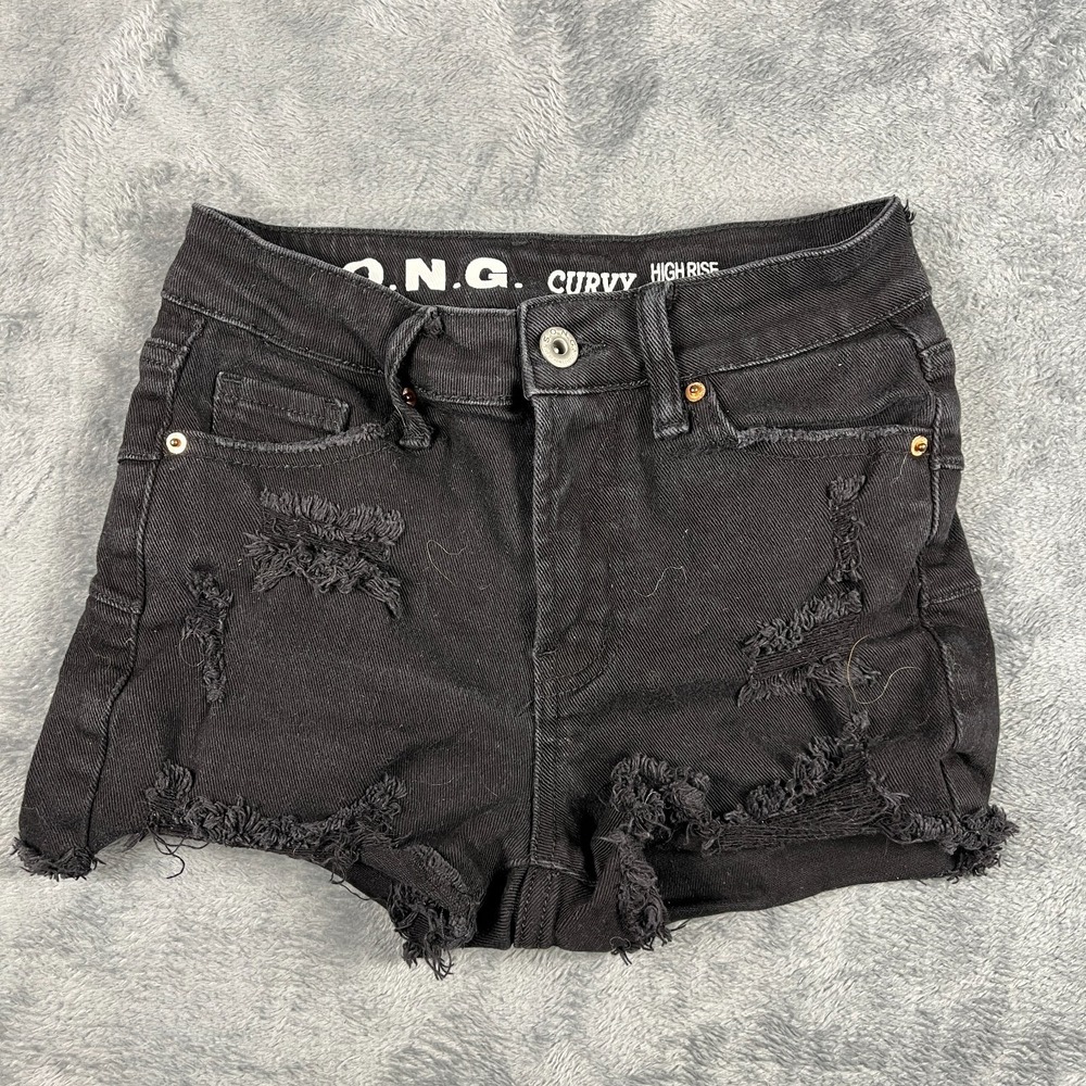 SONG Curvy High Rise Cut Off Shorts Womens 0 Black Denim Stretch Ripped Cuff Hem